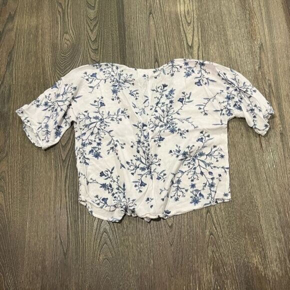 LUQ Crop Top Floral Button Up Tie Front Short Sleeves Casual White Blue Medium - Picture 4 of 4